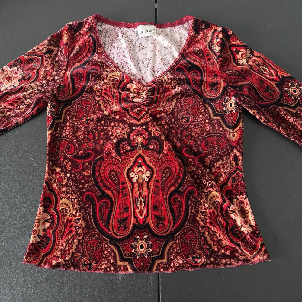 Vintage Y2K Velvet Bell Sleeve V Neck Top Medium Whimsigoth Fairy Made in USA - Picture 3 of 10